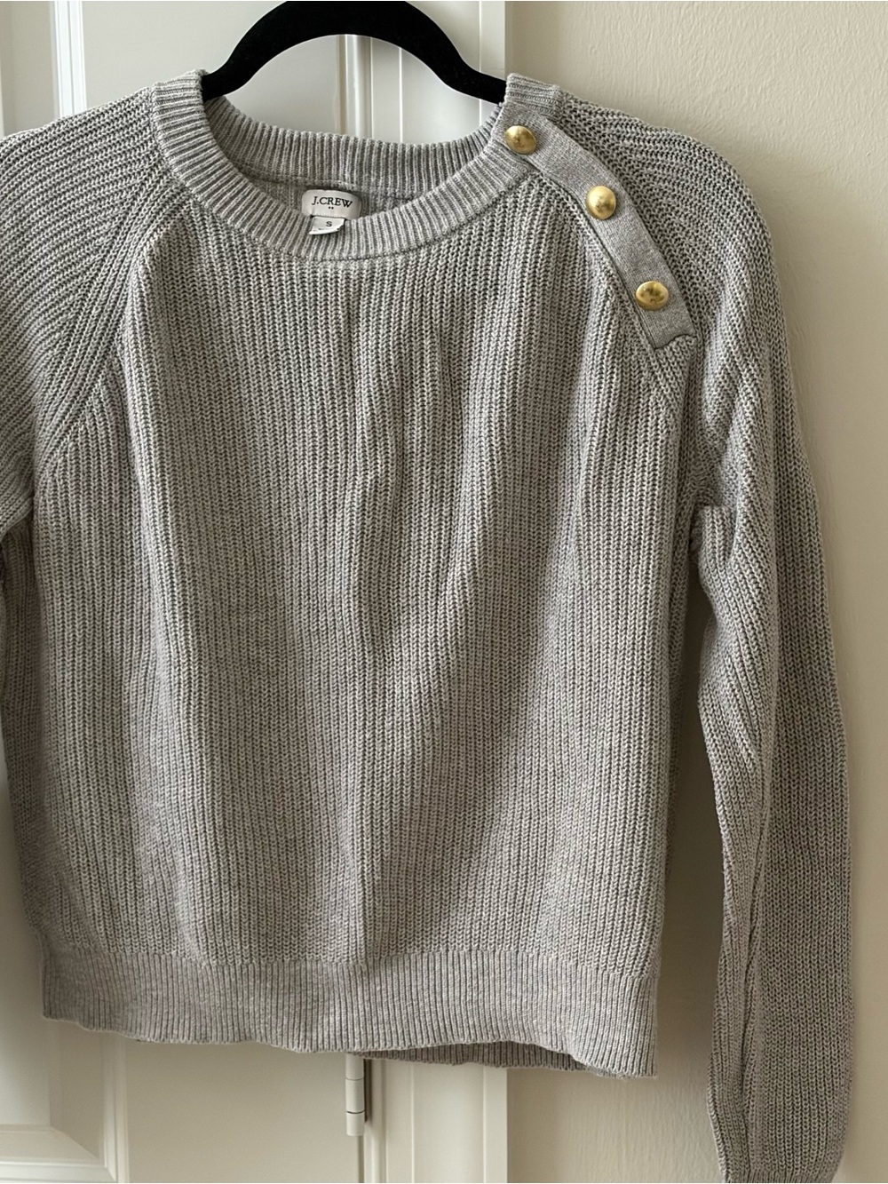 J. Crew Light Gray Crewneck Sweater with Gold Shoulder Buttons